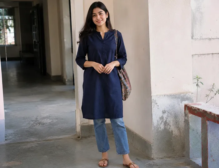 kurta styling for college, plain navy kurta with cream jeans and kolhapuri flats