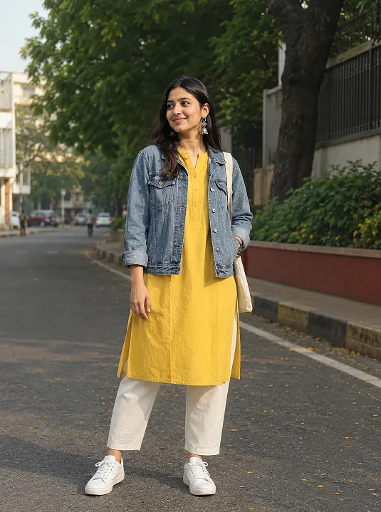 Student wearing a plain yellow kurta under a blue denim jacket with straight pants and white sneakers