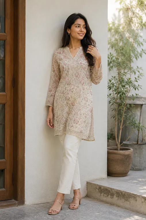 Woman wearing printed georgette kurta with slim ivory jeans and minimal gold jewellery