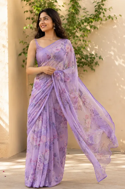 Woman wearing a soft georgette saree with flowing fabric in natural daylight