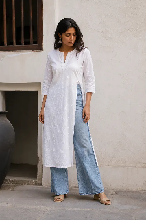 Woman wearing white cotton straight kurta with high waist wide leg jeans and jhumka earrings