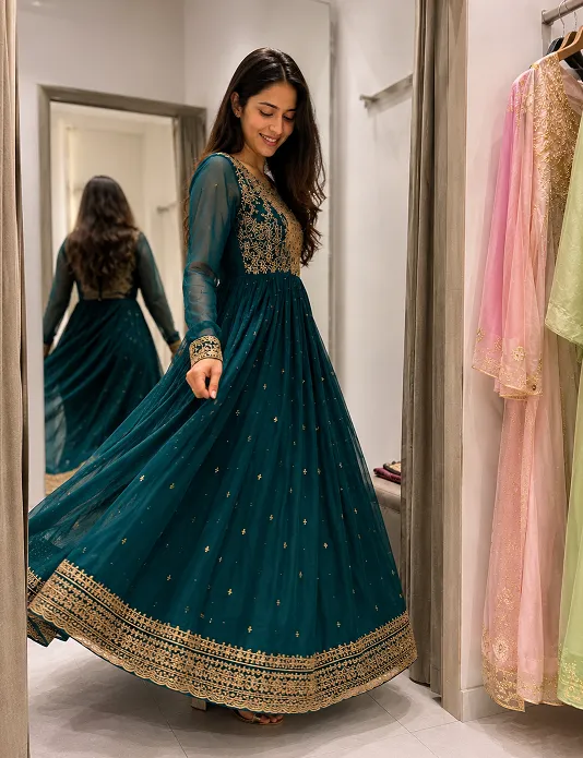 Woman trying an Anarkali dress in a fitting room showing the flare and movement of the outfit