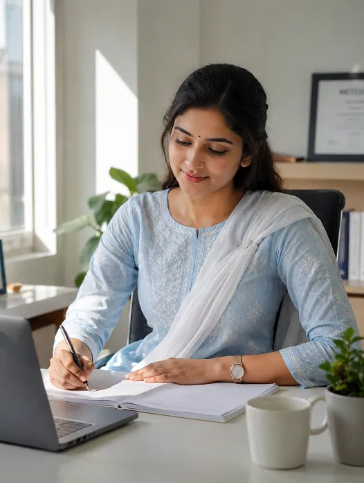 Woman wearing a straight cotton kurta with neatly pinned dupatta while working at a desk in morning light