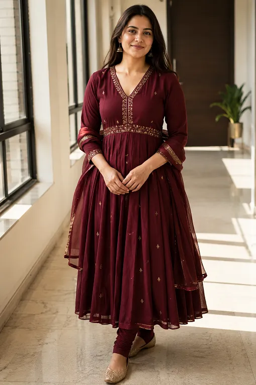 Anarkali kameez with defined waist detailing styled for a rectangle body shape