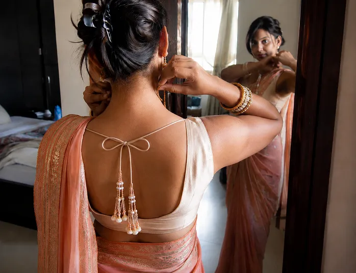Indian woman adjusting the tied tassel strings of a backless saree blouse in front of a mirror, showcasing a trendy backless blouse design for 2026.