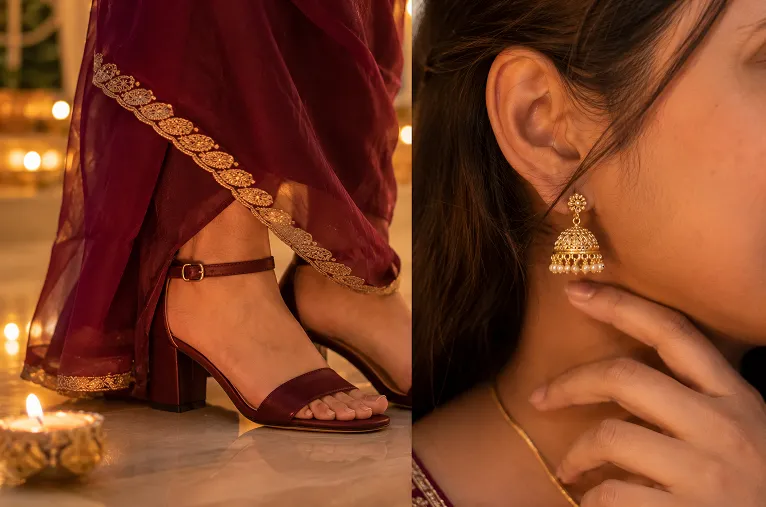 Block heels and small jhumka earrings styled with ethnic wear