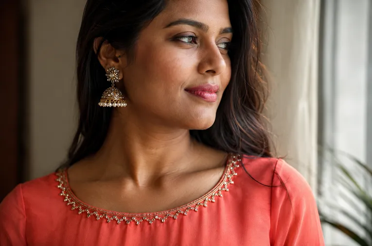 embellished boat neckline salwar kameez styled for an apple shaped body