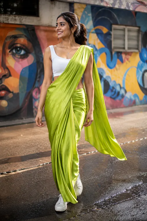 Young woman wearing a bold lime green saree, one of the top saree colour trends for 2026