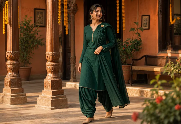 Patiala suit styling guide look in bottle green with juttis for festive wear