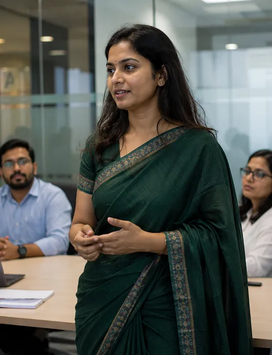 Woman wearing a bottle green saree in an office meeting, professional saree styling