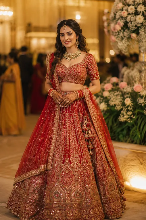 Woman wearing a heavily embellished bridal lehenga at a formal wedding reception