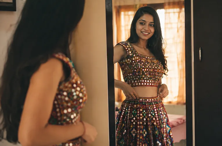 Woman checking chaniya choli fit and waist placement before garba