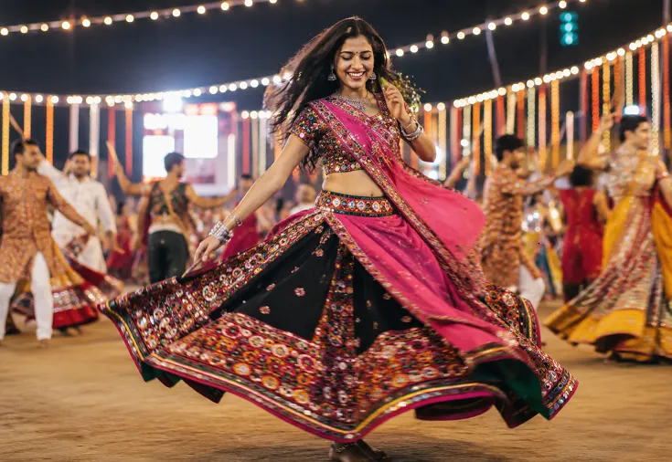 Woman dancing in chaniya choli styling for garba at night