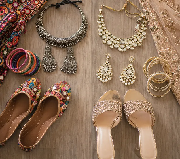 Oxidised silver jewellery and juttis compared with kundan jewellery and heels for chaniya choli versus lehenga