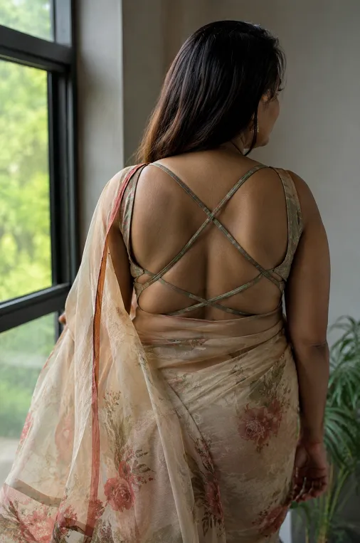 Indian woman with a fuller figure wearing a criss cross back saree blouse in georgette fabric, highlighting a stylish and supportive blouse back design.
