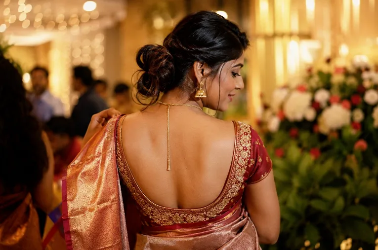 Indian woman wearing a deep U back silk saree blouse with zari embroidery at an indoor wedding venue, showing an elegant blouse back design.