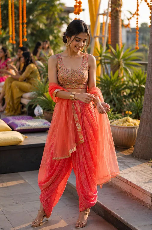 Fusion dhoti pant and crop top look as a modern mehndi guest outfit idea