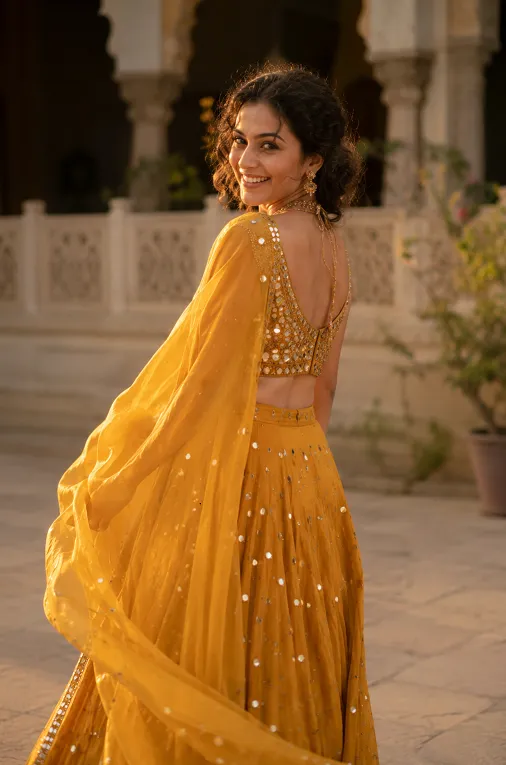 diagonal dupatta drape styling for a pear shaped body lehenga