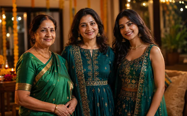 Three generations of women in coordinated emerald and gold diwali outfit ideas for every generation