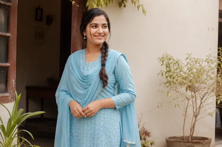 Classic dupatta drape worn evenly over both shoulders on a cotton salwar kameez