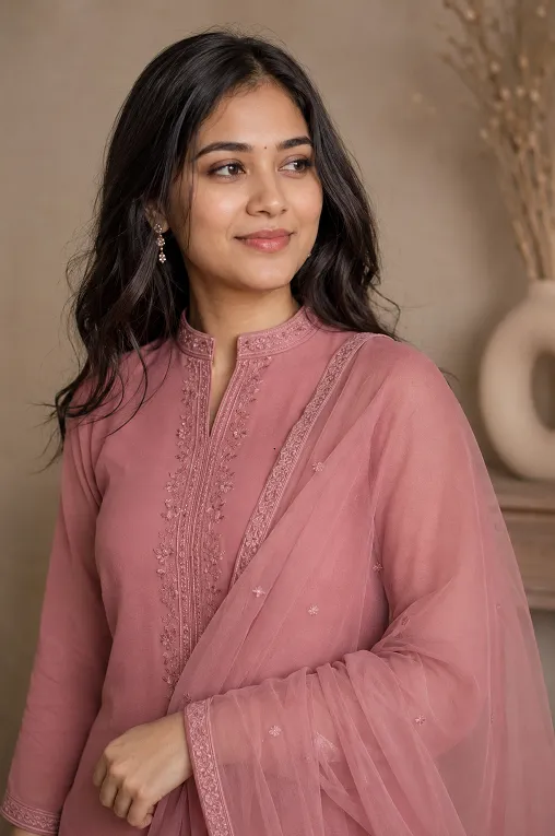 High neck kurta styled with a one-shoulder asymmetric dupatta drape