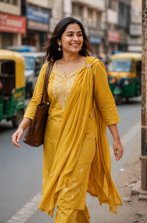 Woman walking confidently with a one-side stack dupatta drape that survives daily movement