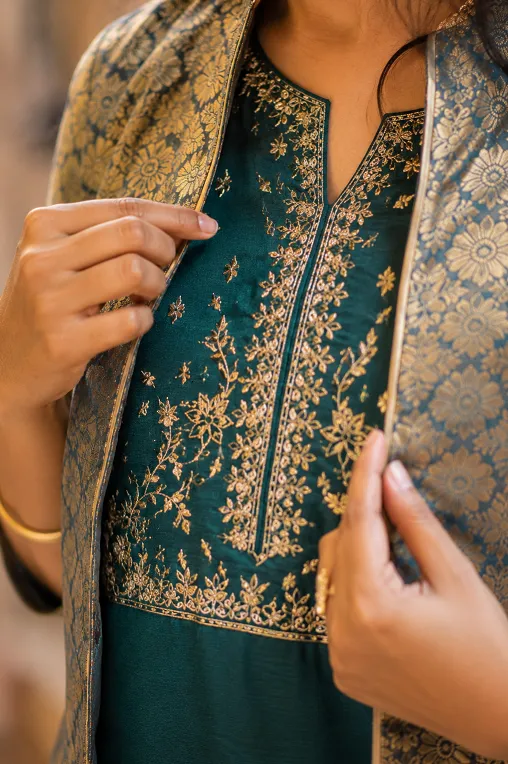 checking embroidered kurta yoke against jacket placement