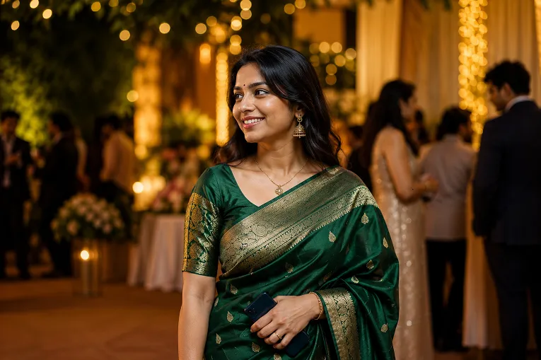 Woman in an emerald green Banarasi saree at an evening reception under warm ambient lighting