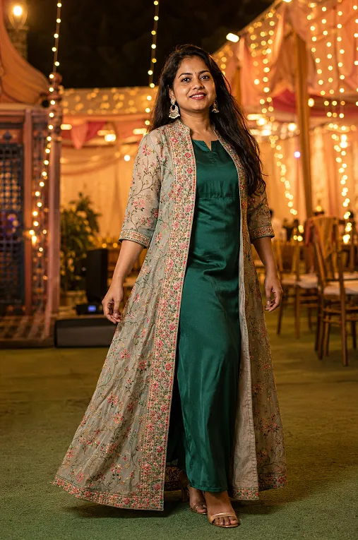 floor-length embroidered jacket layered over a silk kurta for a festive look