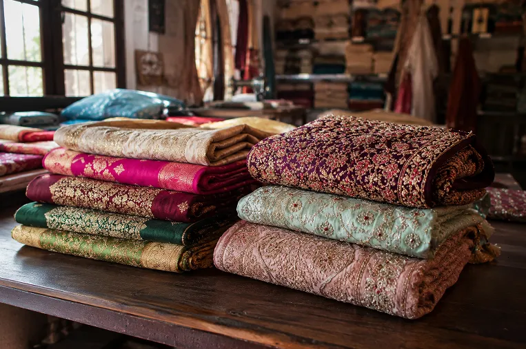 Folded silk sarees and embroidered lehenga fabric samples stacked on a wooden table inside a textile workshop, showing fabric textures and craftsmanship.