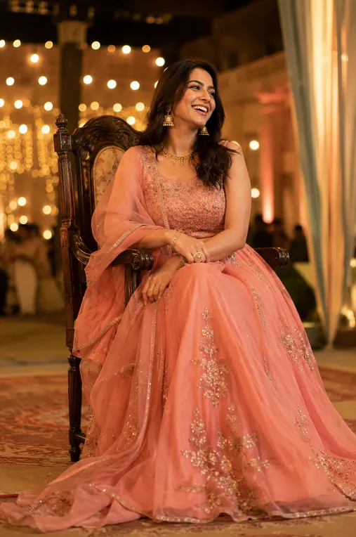 georgette A-line lehenga skirt falling cleanly while seated
