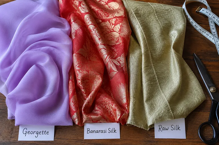 Flat lay comparison of georgette, Banarasi silk, and raw silk fabric swatches on a wooden surface, highlighting their texture, drape, and finish for saree blouse designs.