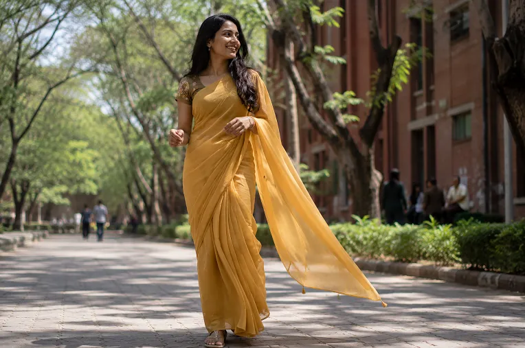 georgette saree pleats moving naturally while walking