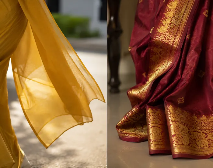 Georgette saree fabric swaying while walking compared to stiff Banarasi silk holding its structure