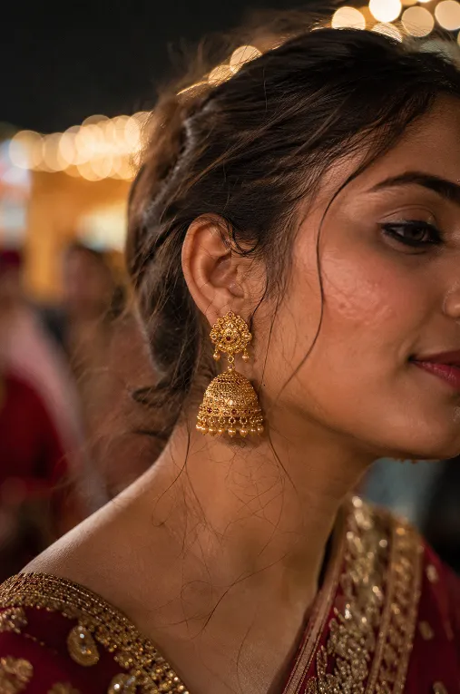heavy jhumka earring close up during a long wedding function