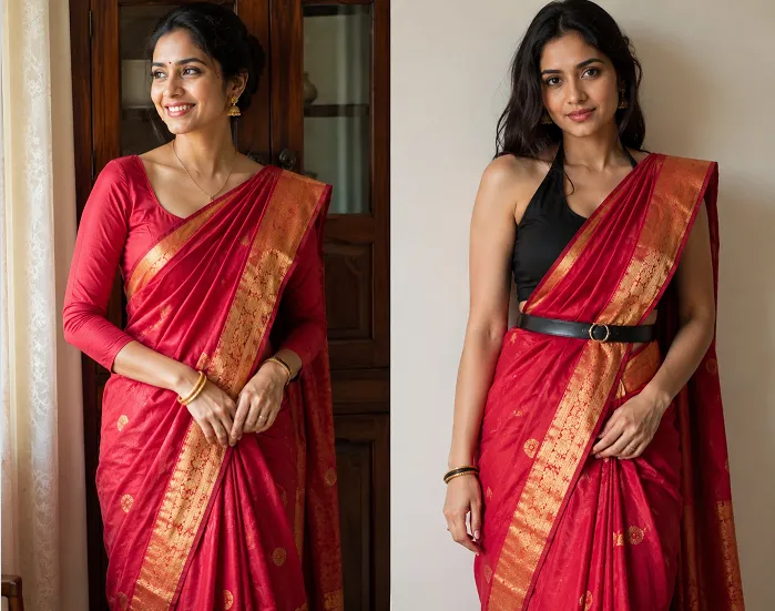 Heirloom silk saree styled traditionally and then modernised with a belt and contrast blouse