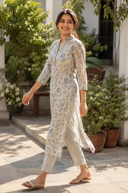 High side-slit kurta styled with straight pants for a short height woman