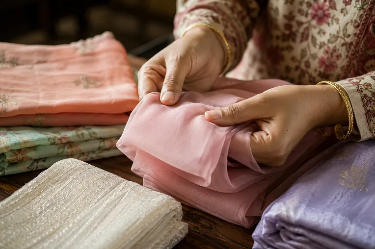 Close up of hands checking dupatta fabric texture and pleat quality before buying