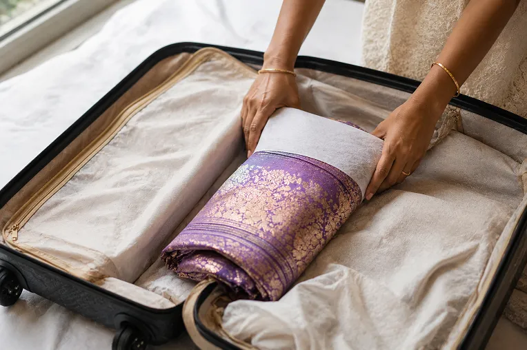 rolling and packing a saree with tissue paper for a destination wedding trip