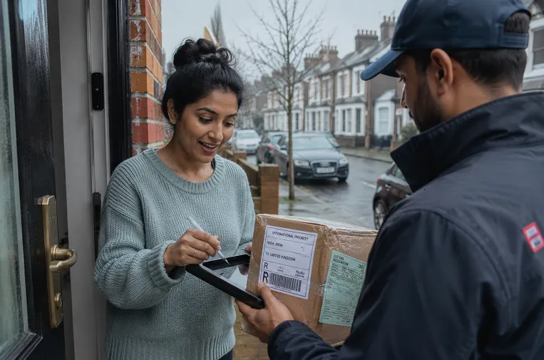 Receiving an international parcel of Indian ethnic wear at a UK doorstep with customs labelling visible