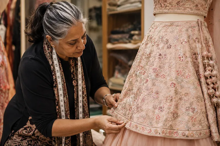 UK tailor altering the hem of a lehenga for a perfect fit