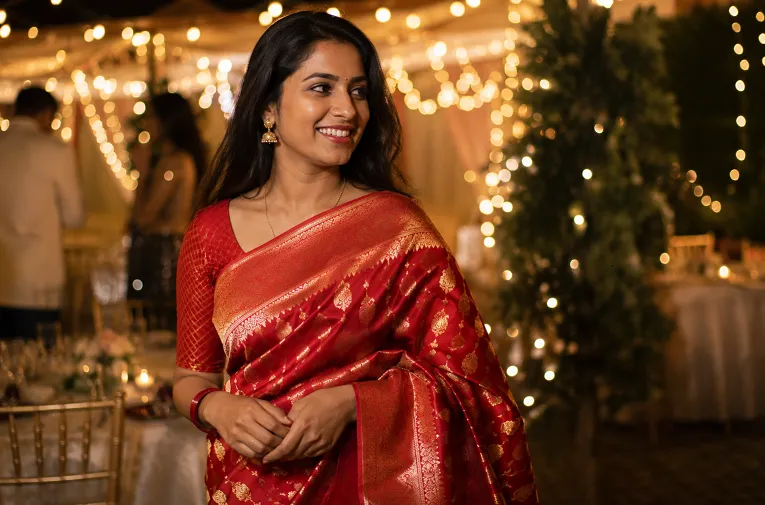 Woman in indian ethnic wear UK style silk saree at a Diwali party, smiling confidently under warm venue lighting