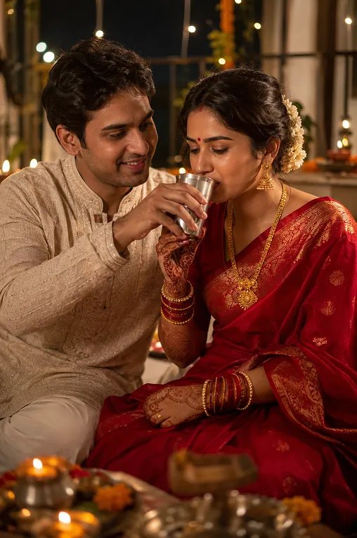 Husband offering water to wife to break her fast on karva chauth in a red saree