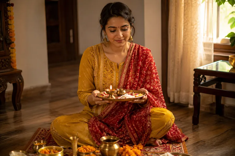 Woman in mustard cotton silk suit sitting cross-legged during karva chauth katha.