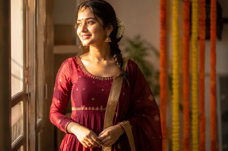 Karva chauth outfit ideas featuring a maroon anarkali suit with gold zari dupatta