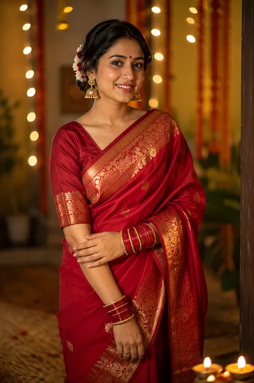 Woman in a rich red saree, the classic and most traditional karva chauth colour choice