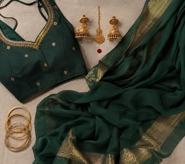 Bottle green georgette saree styled with gold temple jewellery for karva chauth.