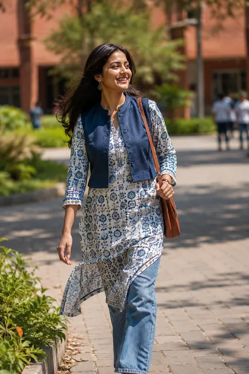 koti jacket styled over printed kurta for college