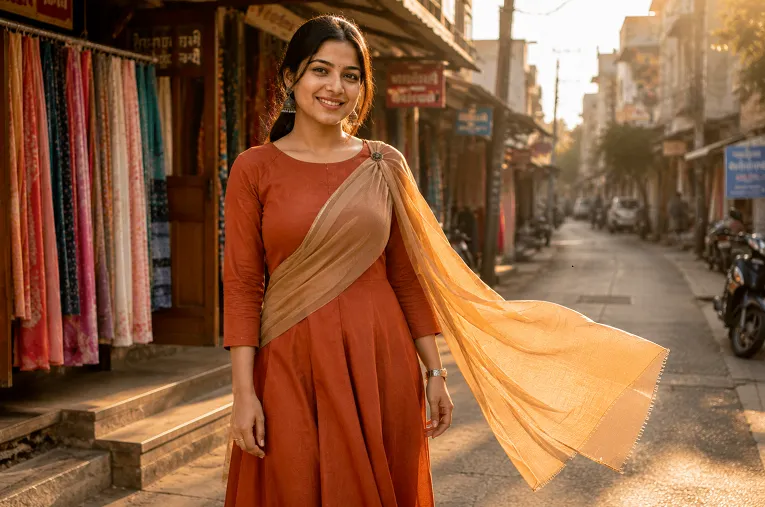 kurti for inverted triangle shaped body with raglan sleeves and waist-down flare