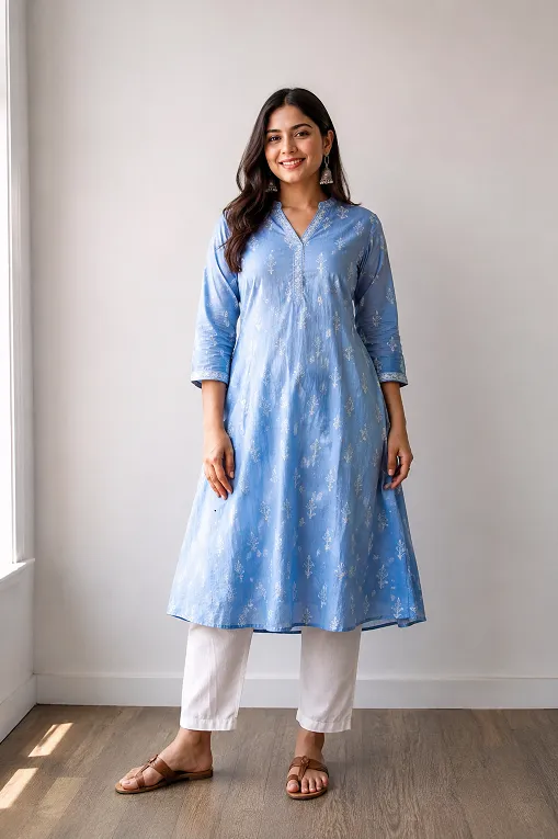 Kurti for pear shaped body in A-line cotton cut with straight pants